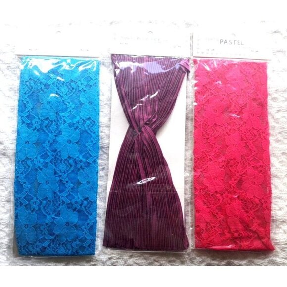 Lot of 3 Stretchy Headbands Lace Pleated Pearls Pink, Blue, Purple New in Packag - Picture 2 of 5